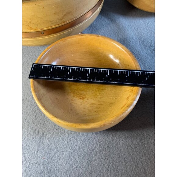 Vintage Wooden Salad Bowl Set with Copper Trim 4 Piece Mid Century Modern Footed - Picture 9 of 13